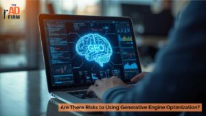Marketer working on a laptop with AI dashboards, representing generative engine optimization risks.