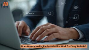 SEO specialist using a laptop to check generative engine optimization performance in AI search.