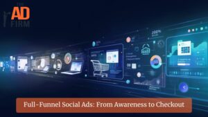 An image showing a left-to-right flow from social media awareness and engagement to analytics-driven targeting and a completed checkout, representing a full-funnel social advertising journey.