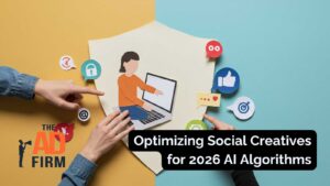 Hands pointing at a paper-cut person using a laptop with social icons.