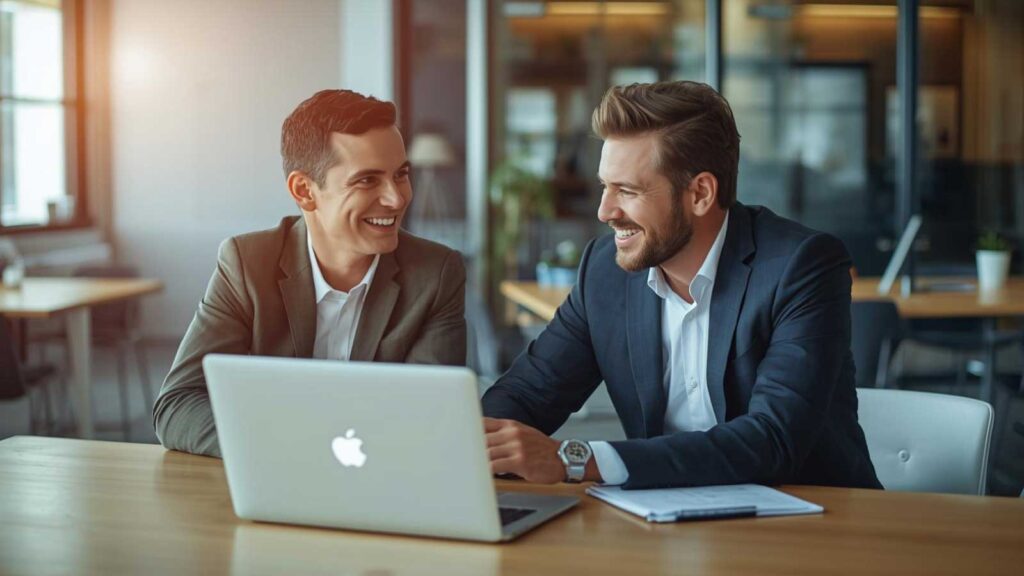 Two professionals collaborating on SEO and GEO improvements.