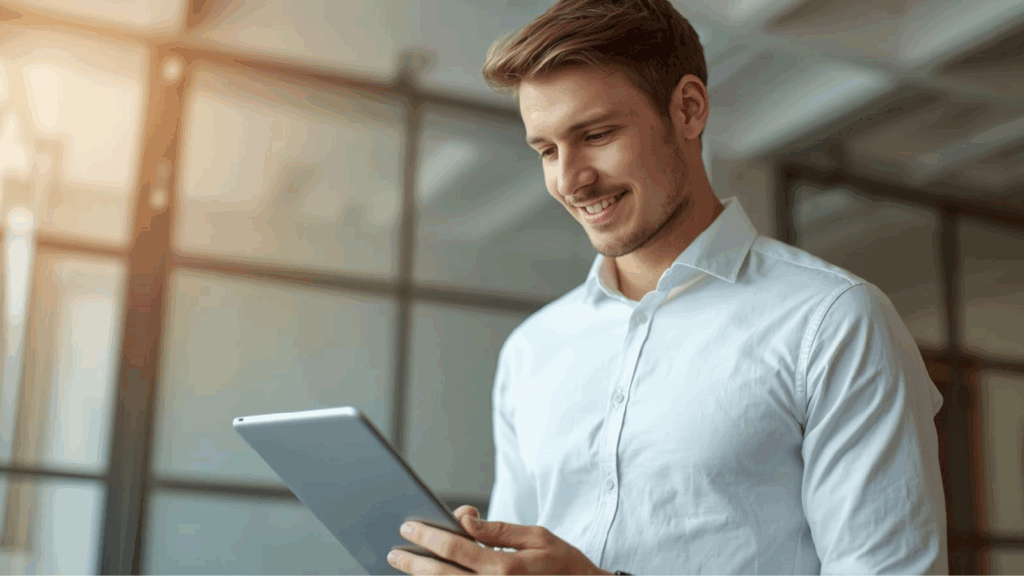 Business professional reviewing SEO performance metrics on a tablet.