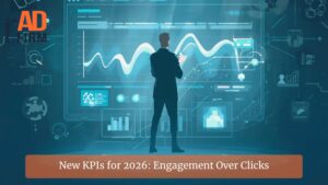 Business professional reviewing a futuristic analytics dashboard illustrating engagement-focused SEO performance metrics instead of clicks and traffic.