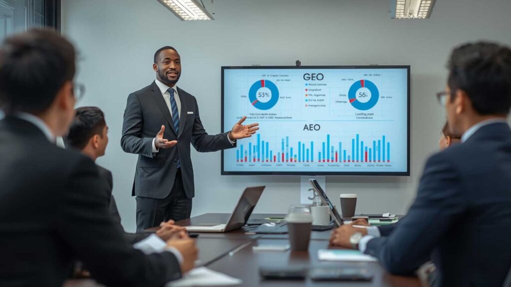 Presenter explaining AEO and GEO data using charts and graphs during a strategy meeting.
