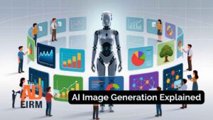 Robot surrounded by data dashboards and charts.