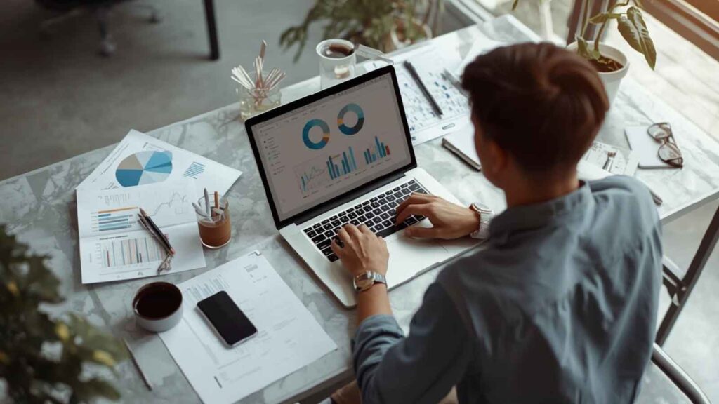 Marketer analyzing SEO performance charts and analytics to improve search visibility.