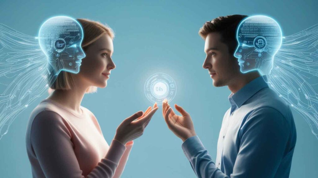Two people facing each other with AI holograms.