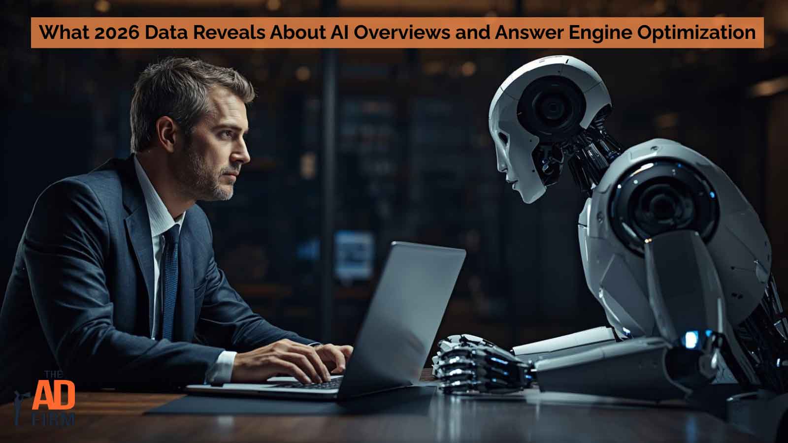 Marketer analyzing data while facing an AI robot, reflecting changes in search visibility driven by artificial intelligence.