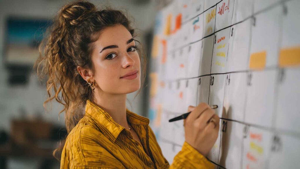 Woman writing on a planning calendar board.