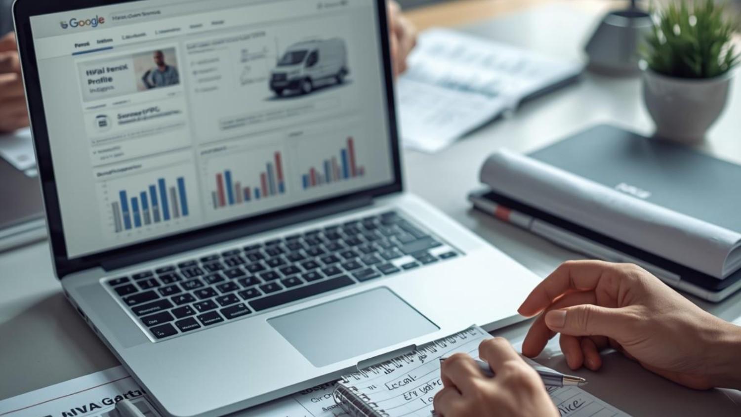Professional meeting between a marketing expert and an HVAC company owner, a laptop displaying the HVAC company's marketing dashboard
