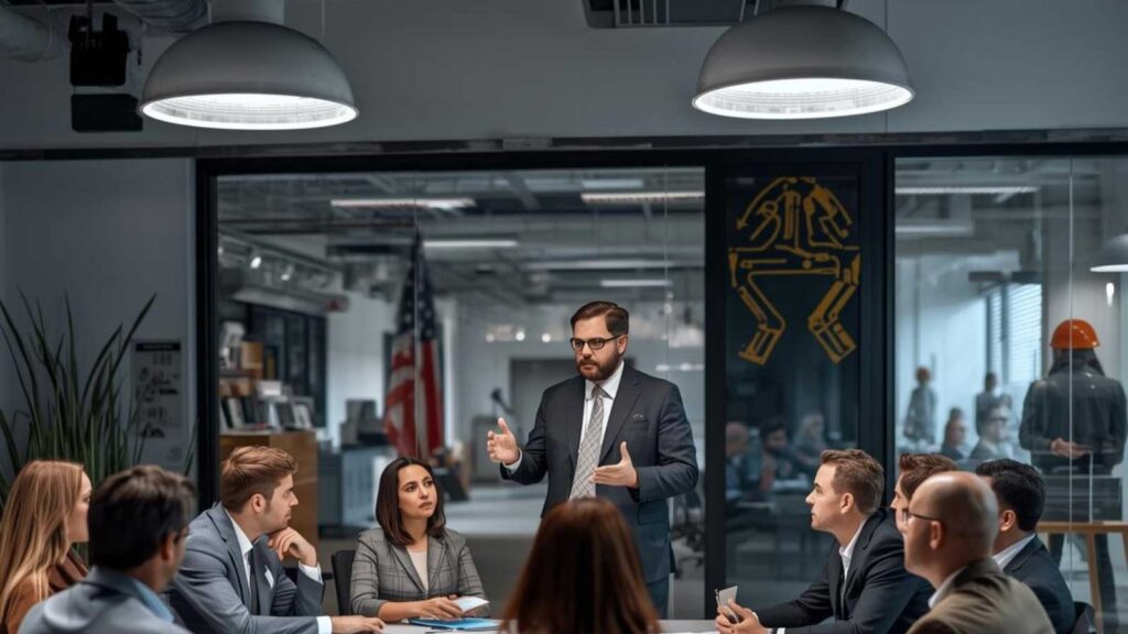 Industrial firm representatives in a collaborative meeting with a marketing expert