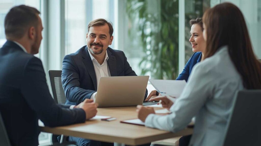 Medtech company representatives consulting with a lead generation expert