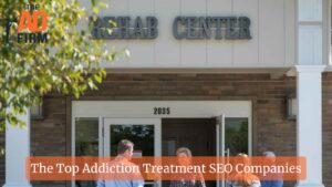 Rehab staff and guest speaking outside of a rehab center