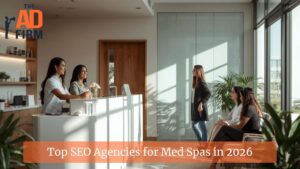 Image of a reception area of a med spa with two female staff members behind the desk, two women waiting on the seating area, and one female standing