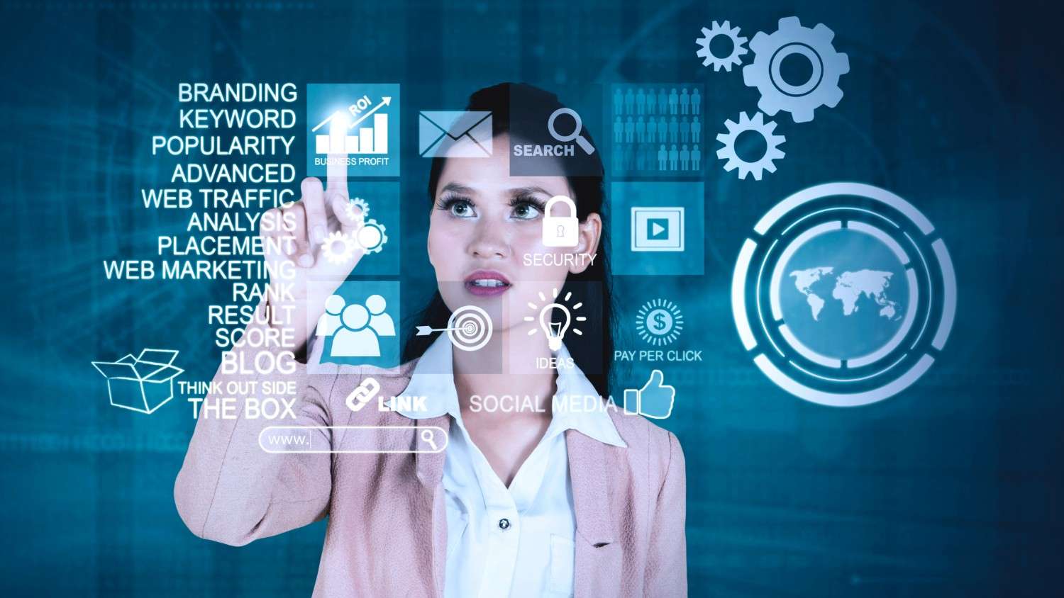 Woman interacting with a futuristic high-tech holographic display.