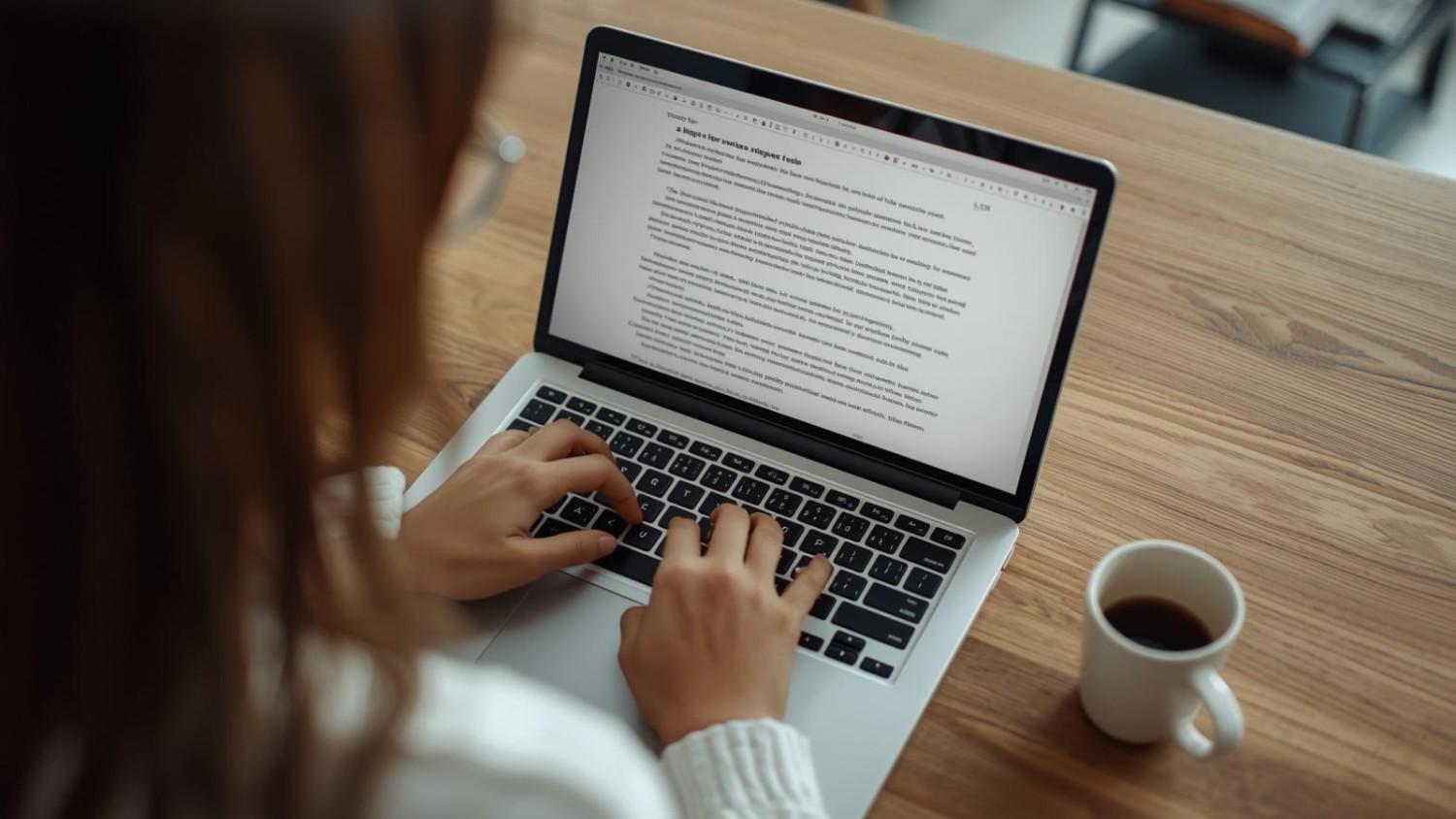 Person writing an article on a laptop at a wooden desk with a coffee mug nearby.