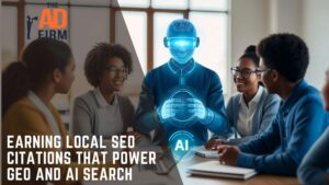 A group of professionals in a meeting with digital AI graphics overlay.