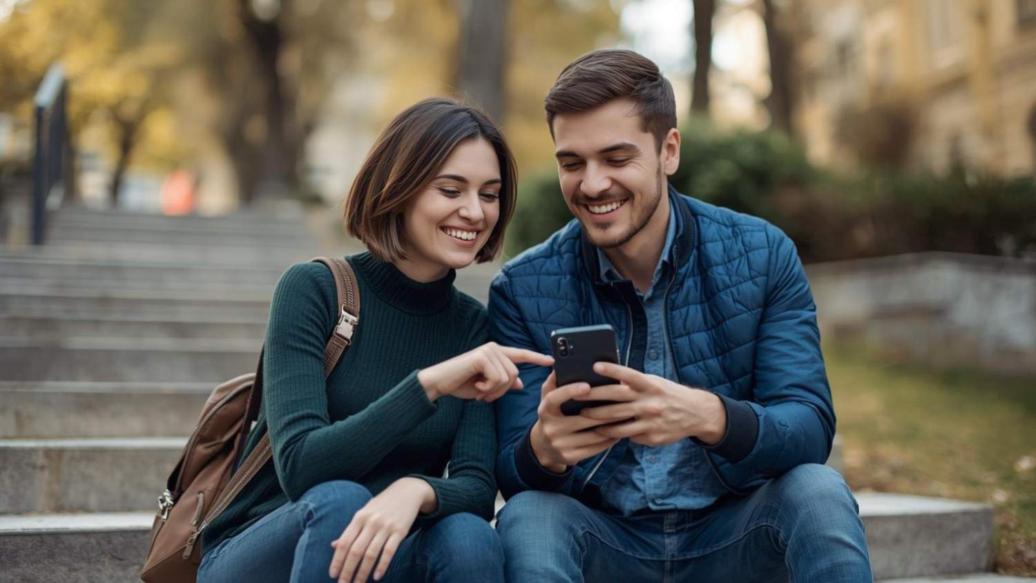 Two individuals reviewing information on a smartphone.