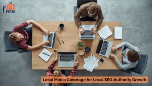 Business team meeting with laptops and paperwork, planning local search and media outreach strategy.