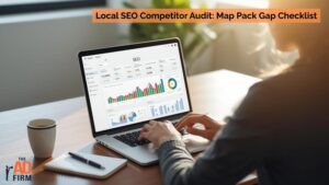 Specialist reviewing an SEO analytics dashboard on a laptop during a local SEO competitor audit.