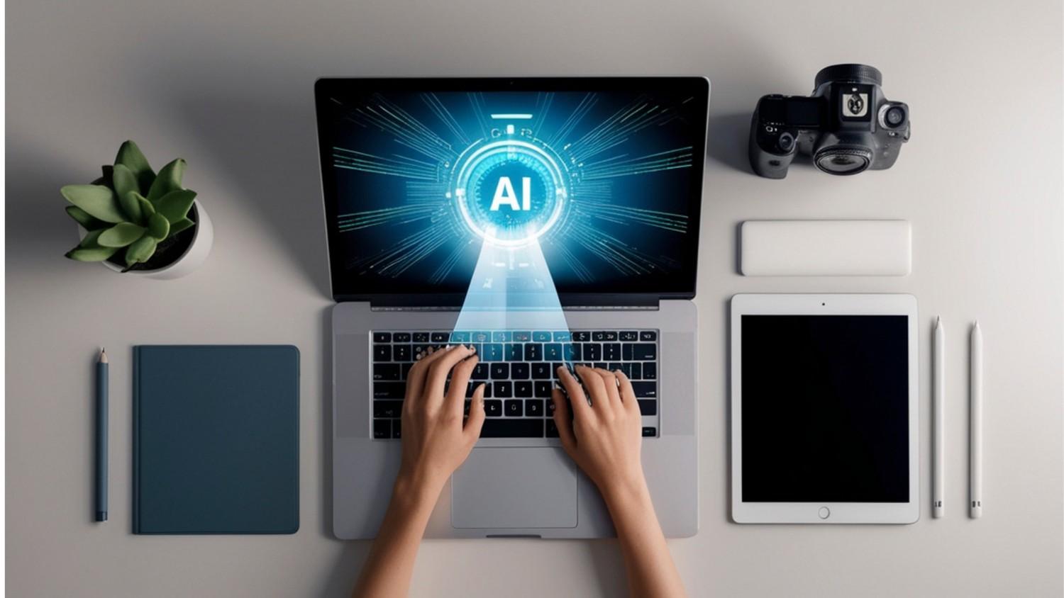 Flat lay of a laptop, camera, and other gadgets on a table with an AI logo