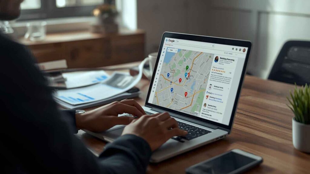A professional reviewing Google Business Profile data to improve AI-driven local search visibility.
