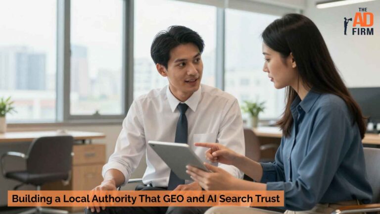 Building a Local Authority That GEO and AI Search Trust Business professionals discussing online data and strategy on a tablet in a modern office.