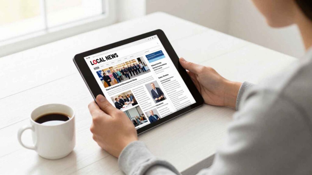 A person reading a local news website on a tablet.