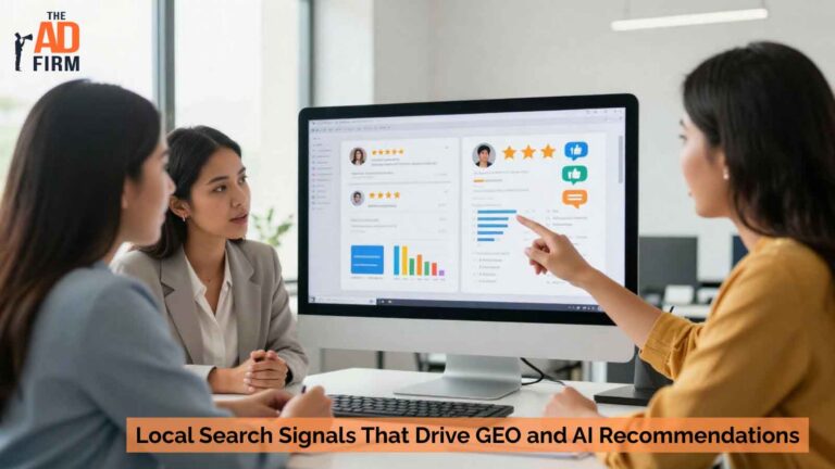 Local Search Signals That Drive GEO and AI Recommendations Team analyzing local search and AI data on a desktop.