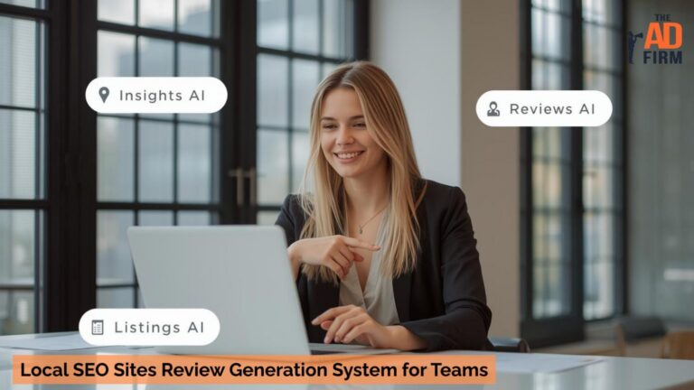 Woman working on AI tools for local SEO review generation, listings, and insights.