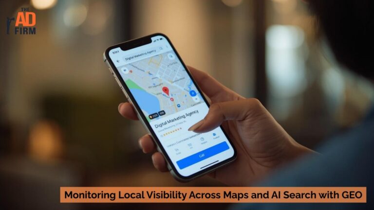Person holding a smartphone showing a map search result for a digital marketing agency.