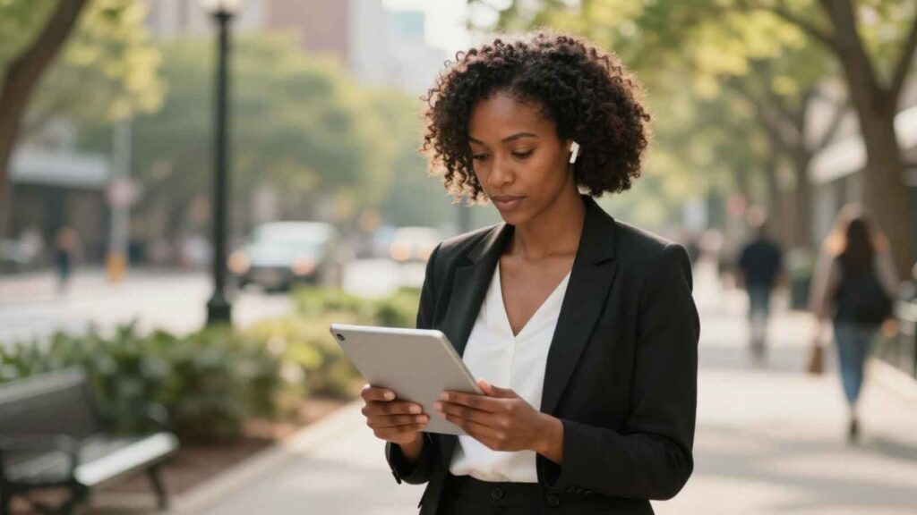 Woman verifying business contact details on tablet.