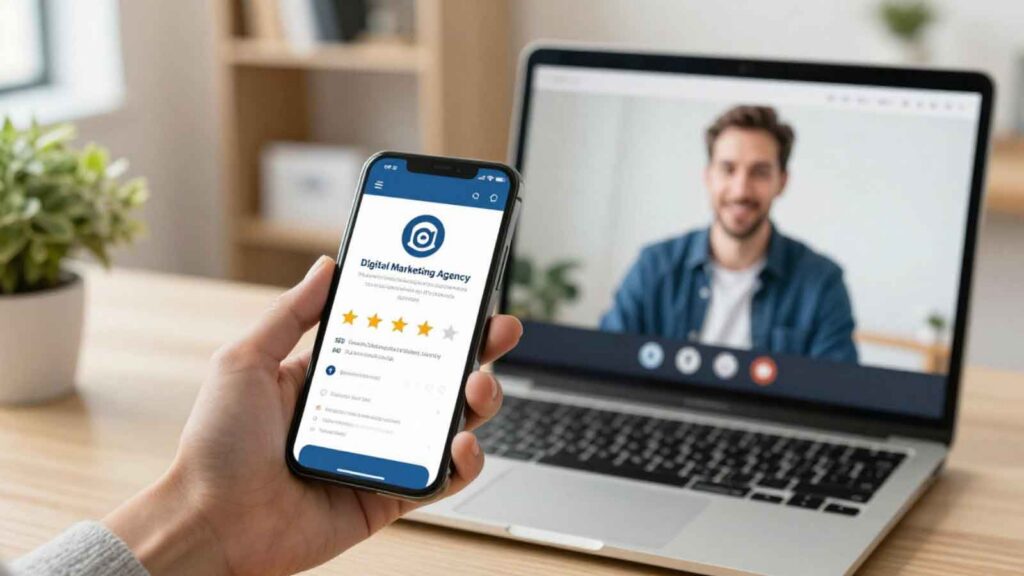 A person holding a smartphone displaying a digital marketing agency’s profile with reviews.