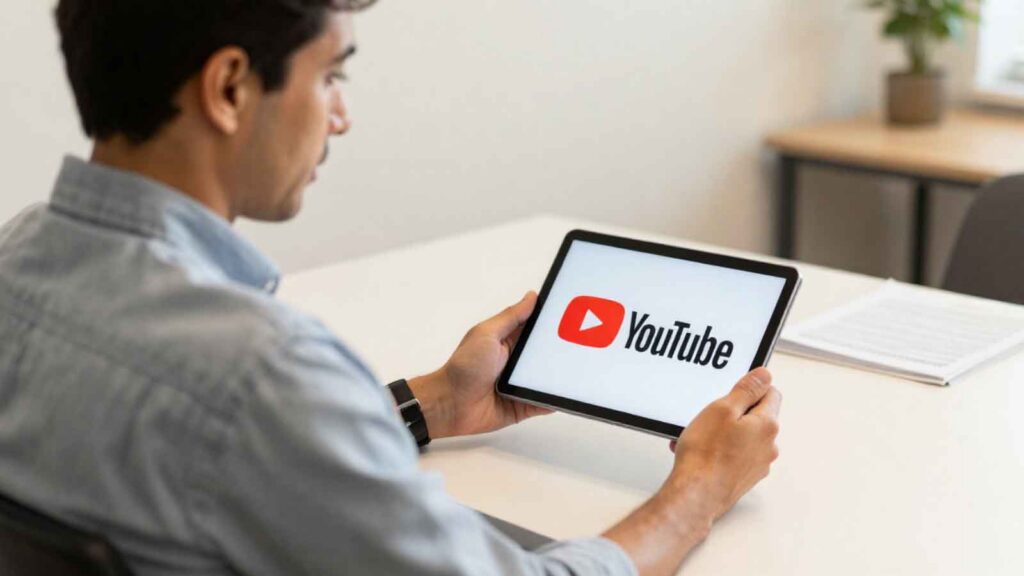 A person using a tablet to view YouTube content in an office.