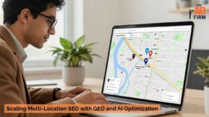 Business professional optimizing multi-location SEO with the help of GEO and AI technologies.