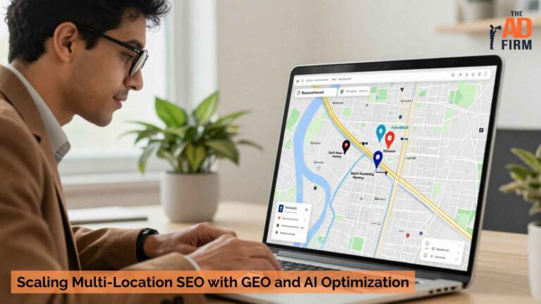 Business professional optimizing multi-location SEO with the help of GEO and AI technologies.