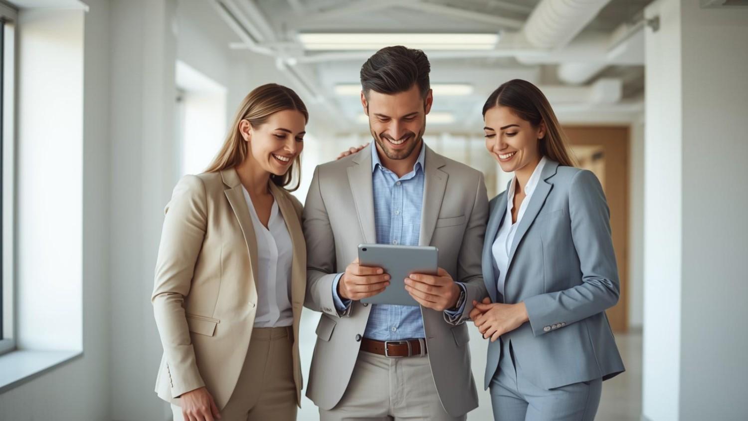 Three professionals are comparing local SEO review generation tools in an office.