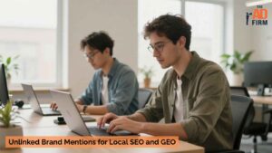 Two colleagues working in an office, discussing the impact of unlinked brand mentions on local SEO visibility.