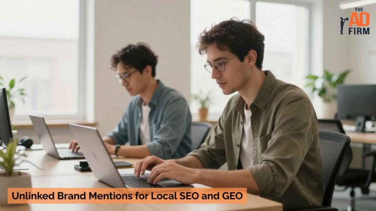 Two colleagues working in an office, discussing the impact of unlinked brand mentions on local SEO visibility.