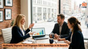 Digital marketing team discussing performance metrics and analytics.