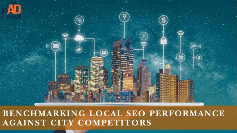 Benchmarking Local SEO Performance Against City Competitors Digital city skyline with data and connectivity icons illustrating benchmarking local SEO performance against city competitors using analytics and search visibility data.
