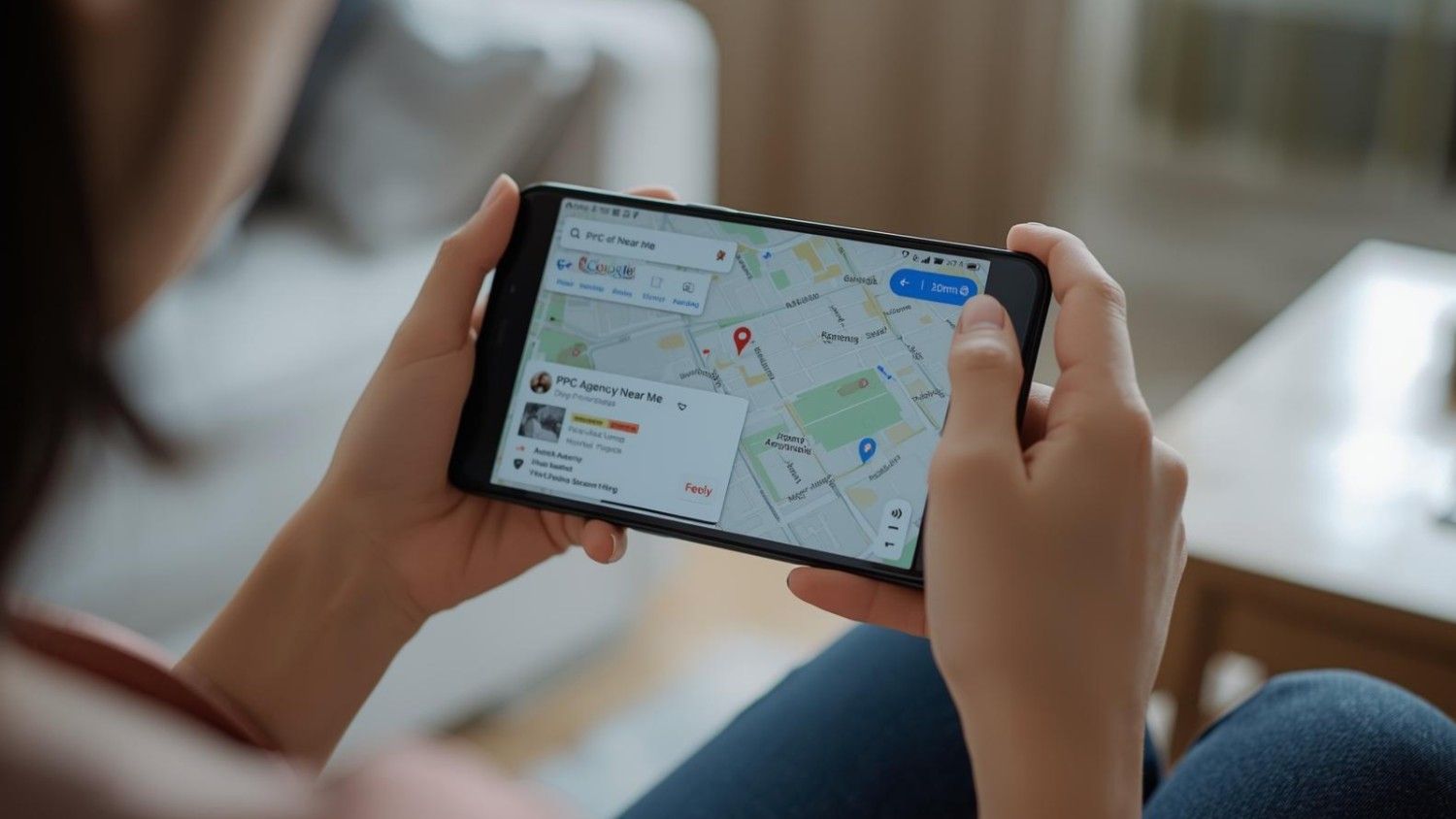 Person holding smartphone showing Google Maps search results for “PPC agency near me”.