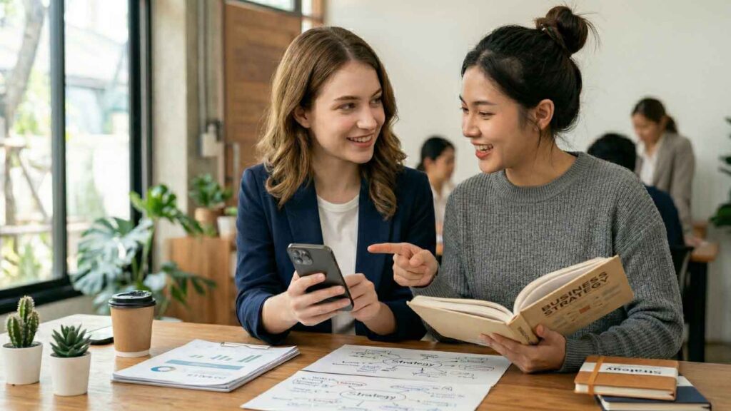 Two women reading online reviews.