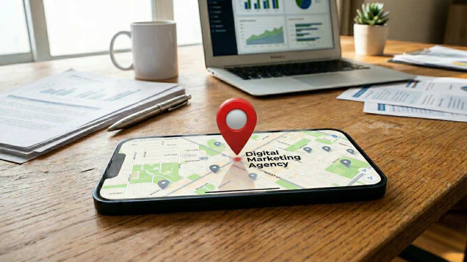Map interface on smartphone highlighting business location for local SEO.