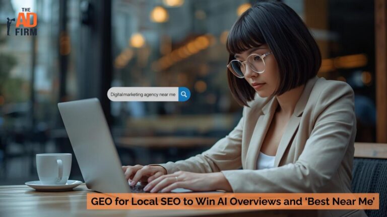 GEO for Local SEO to Win AI Overviews and ‘Best Near Me’ A professional searching “digital marketing agency near me” on a laptop.