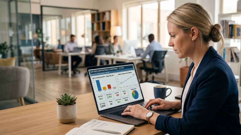 A professional analyzing NAP data consistency and performance metrics on her laptop.
