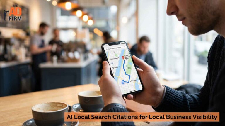 A man holding a smartphone with a map showing directions to a digital marketing agency.