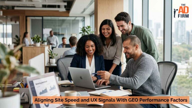 Aligning Site Speed and UX Signals With GEO Performance Factors Digital marketing team collaborating on site speed and UX strategy in an office.