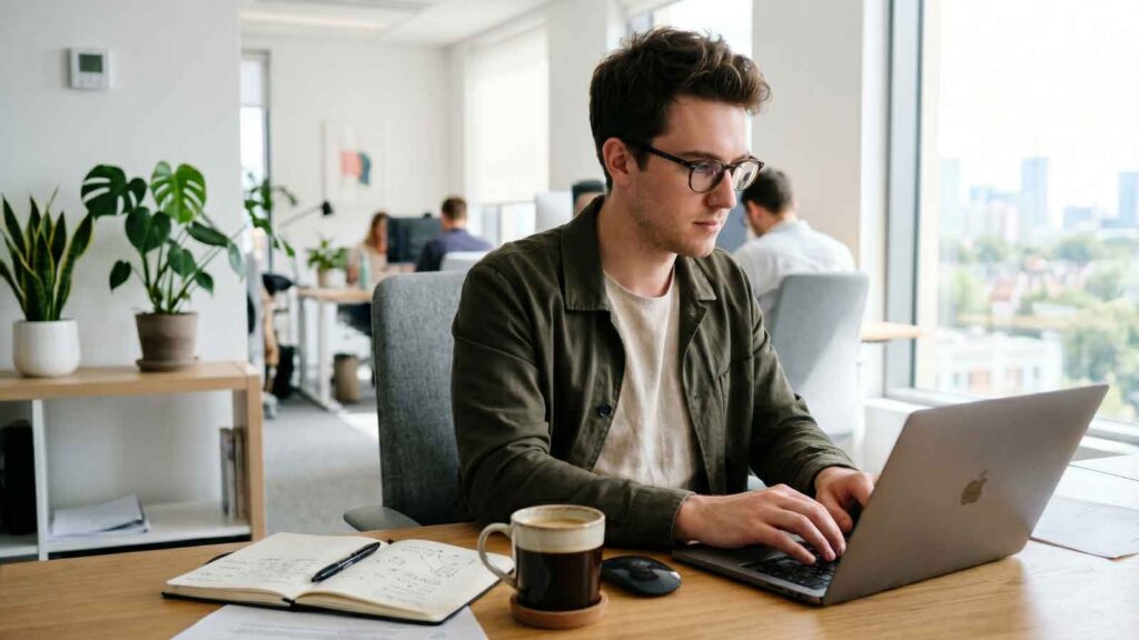 A man working on his laptop in a modern office.