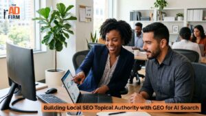 A business professional showing a colleague insights about local SEO and GEO optimization for AI-driven search results.